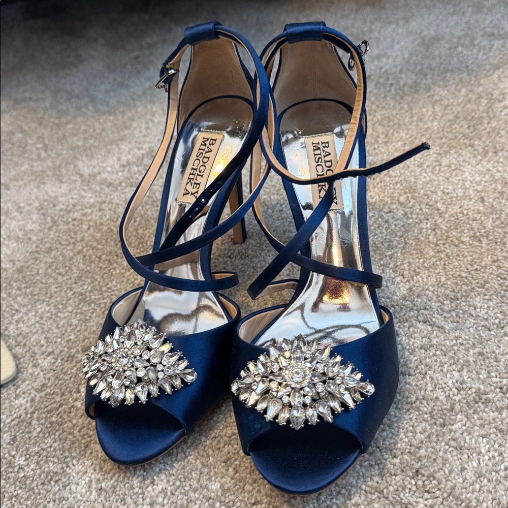 Badgley Mischka Navy Satin Heels with Crystal Embellishments